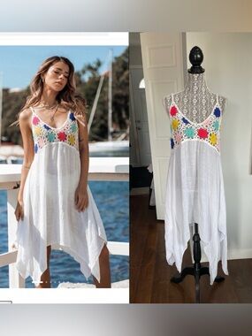 NWT Cupshe Boho Cotton Crochet Beach Cover Up Asymmetrical Hem Dress. XL/XXL